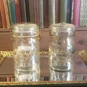 Pair of Glass Vintage Atlas E-Z Seal Canning Jars with metal Closures